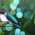 An acrylic painting of a teal and blue colored hummingbird enjoying sugar water from a metal feeder. The background is an impression of leaves and light.