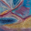 Abstract painting using yellow, purple, blue, and white streaks. 