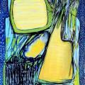 This painting is largely abstract. The upper left portion of this painting contains a yellow screened TV from the 1960’s. It is boxy, squarish in shape and framed in lime green. Below the TV shape on the left is a section of turquoise blue with an oblong yellow form of lined with navy blue which is seeping into the oblong shape. The lower left-hand side of the painting contains vigorous vertical strokes of paint in dark blue and black. The right-hand side of the painting contains a large acid yellow shape l