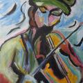 Many brushstrokes of color come together to form an abstract shape of a man playing a colorful violin