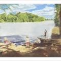 Drawing of a lake with kids playing on the rocky side of the lake. 