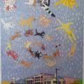 A depiction of "It's raining cats and dogs" on a piece of fabric.