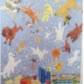 A depiction of "It's raining cats and dogs" on a piece of fabric.
