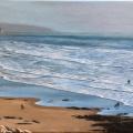 This is an acrylic painting on a 12”x24” stretched canvas. The viewer’s perspective is from a high lookout looking over a beach and the expansive incoming waves of the Pacific Ocean. In the distance the familiar shape of Morro Rock can be seen. Distant land can be seen beyond Morro Rock. The sky is clear blue but hazy.