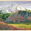 Drawing of a mountain with a snowy top and green surroundings. 