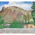 Drawing of a mountain with a small building and trees near the bottom.